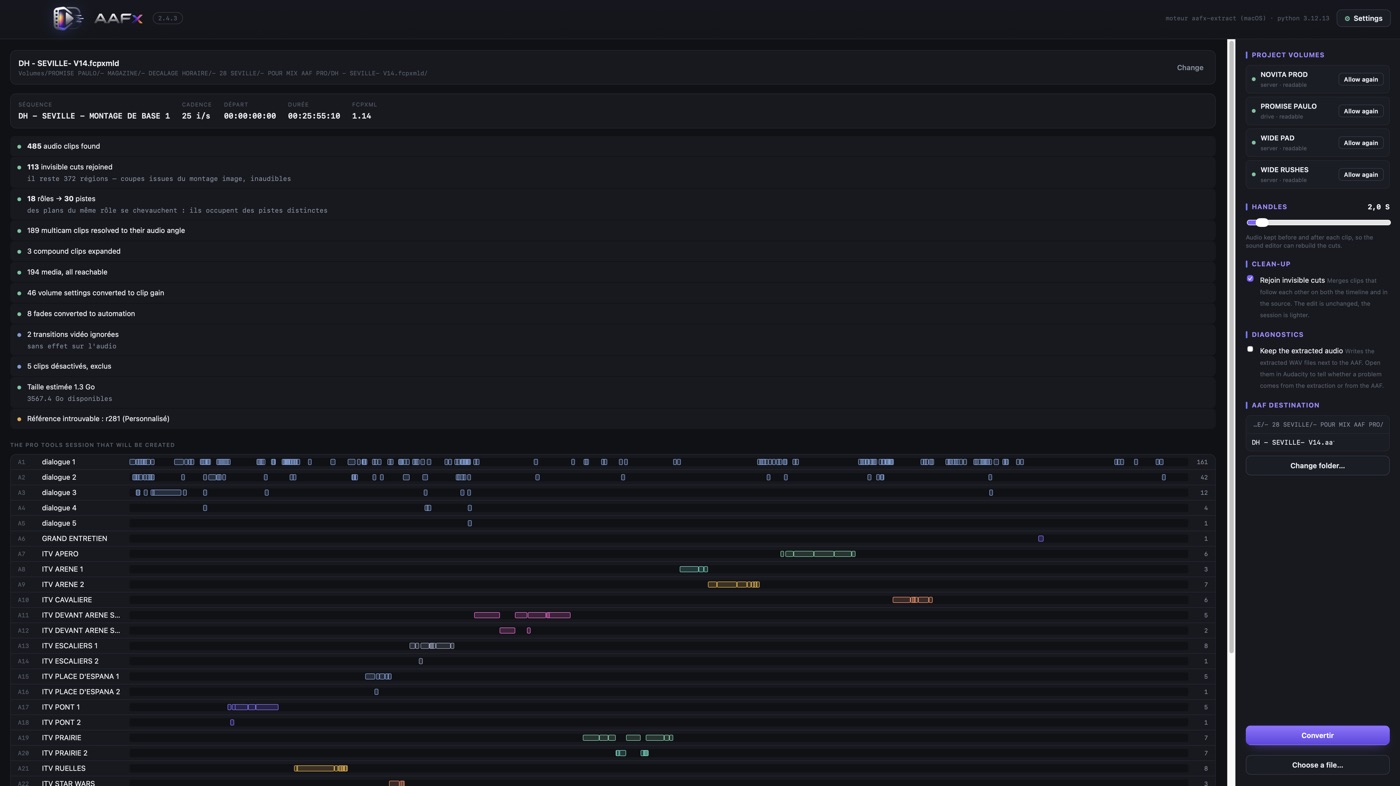 AAFx reading an FCPXML 1.14 bundle: 485 audio clips, 18 roles turned into 30 Pro Tools tracks, multicam clips resolved, disabled clips excluded