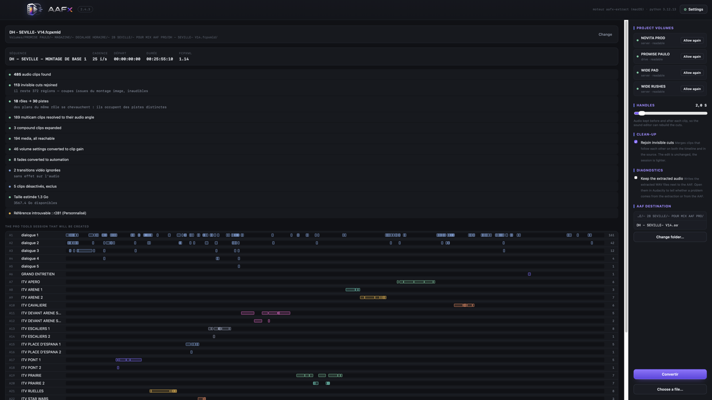 AAFx analysant un FCPXML avant conversion : plans trouvés, rôles devenus pistes, multicam résolus, clips désactivés exclus, médias accessibles