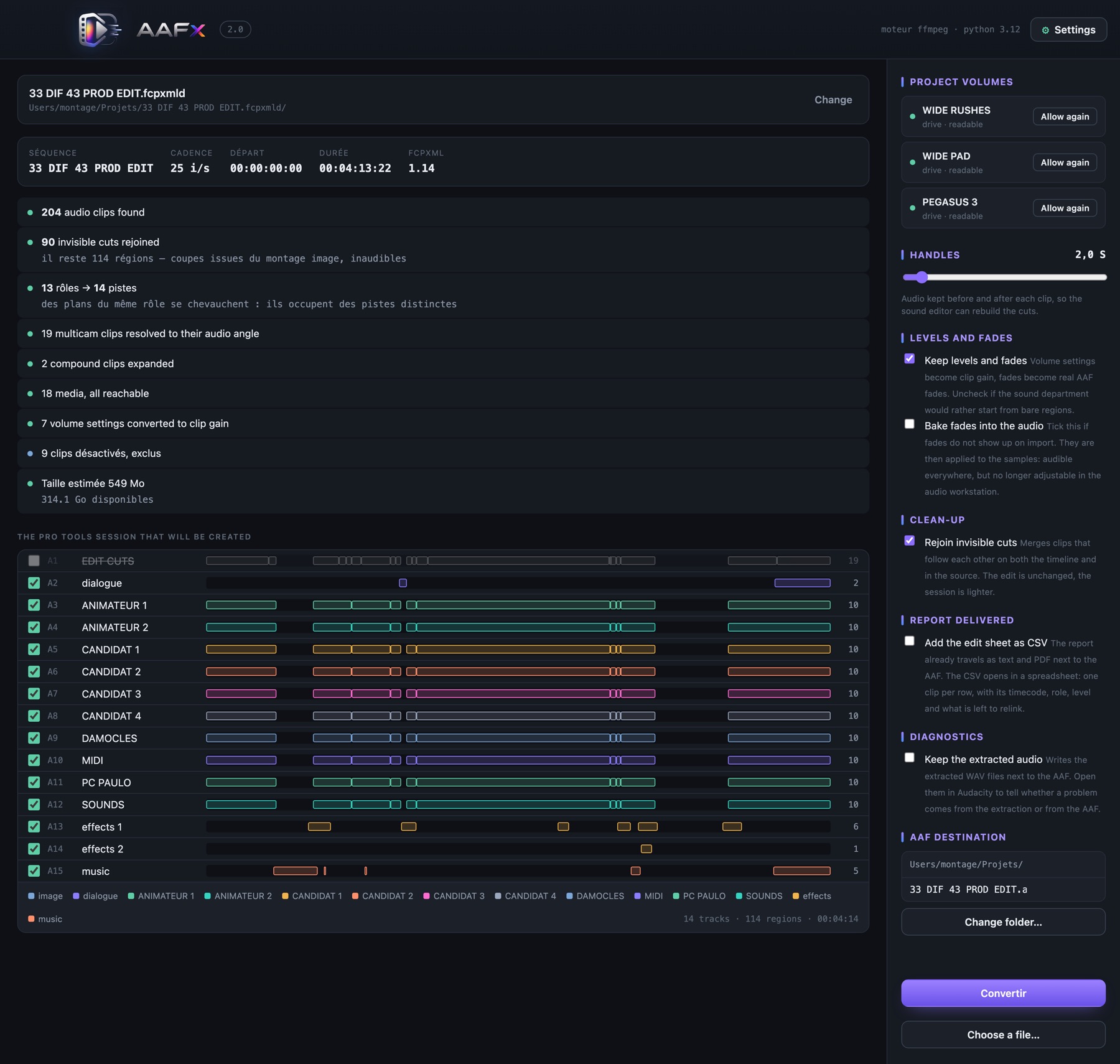 AAFx analysing a Final Cut Pro project and previewing the Pro Tools session it will create