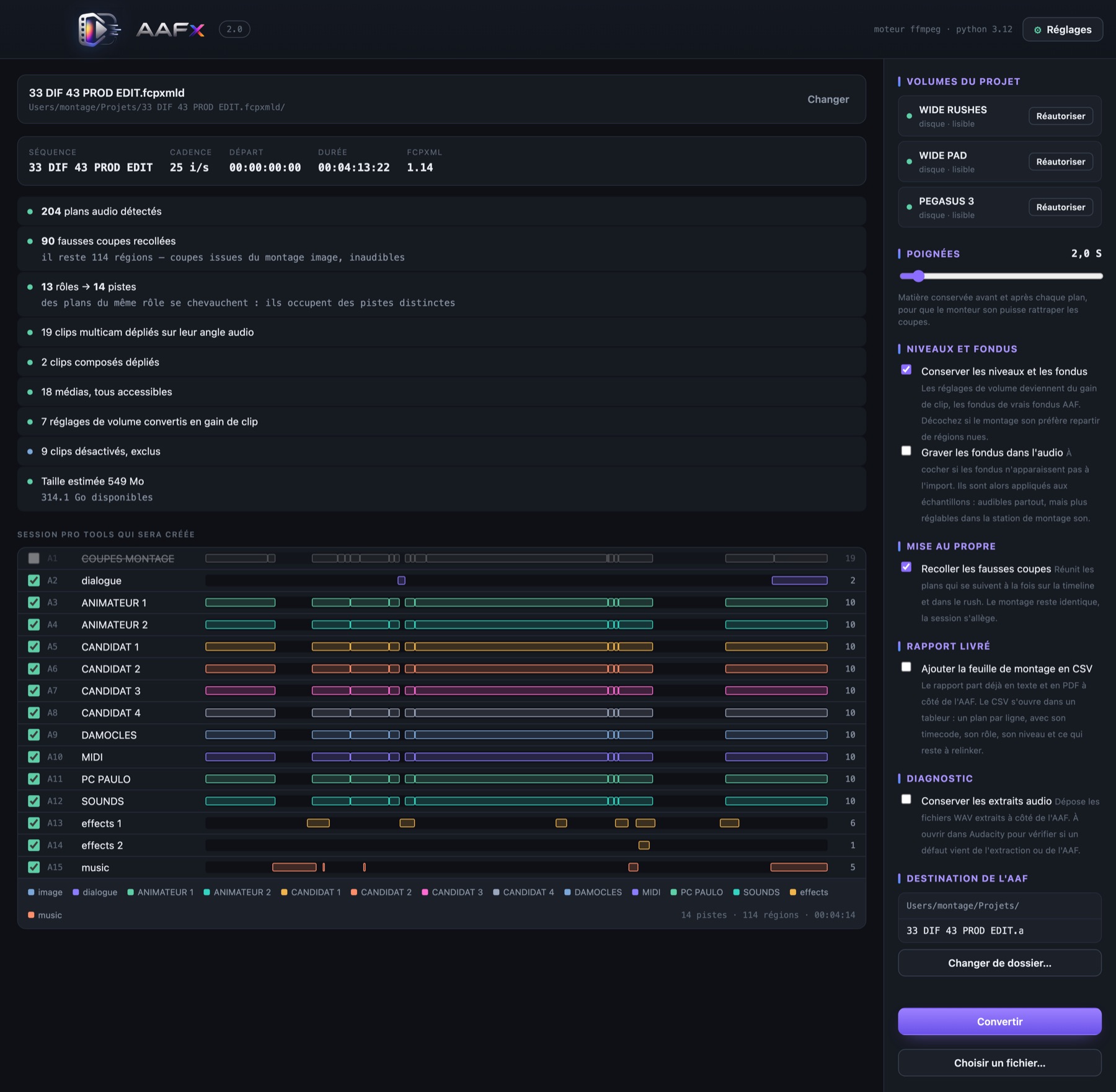 AAFx analysant un projet Final Cut Pro et prévisualisant la session Pro Tools qui sera créée